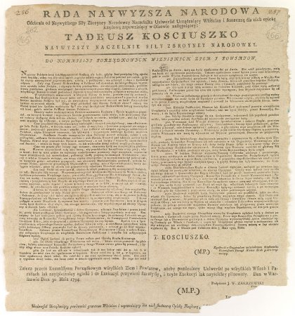 Najwyższy naczelnik Siły Zbrojnej Narodowej wydał Uniwersał połaniecki. 1794